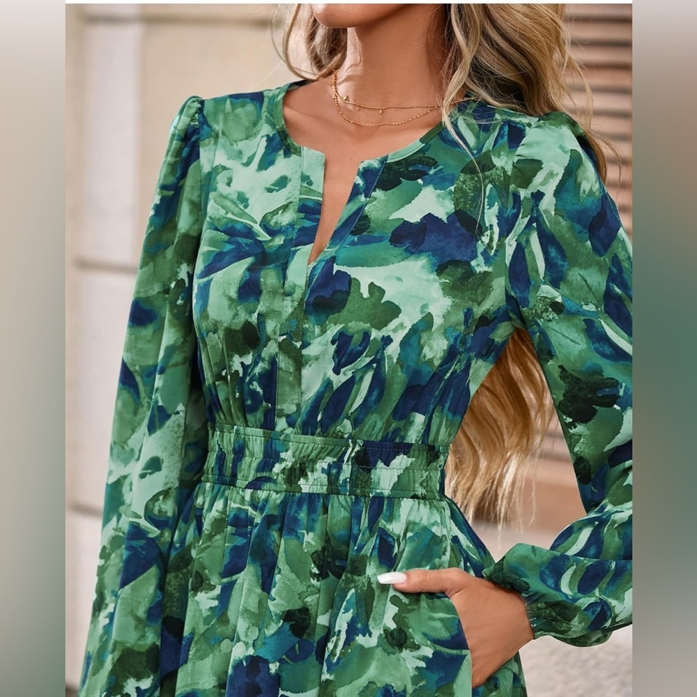 Floral Green and Blue Women's Dress - Picture 4 of 4